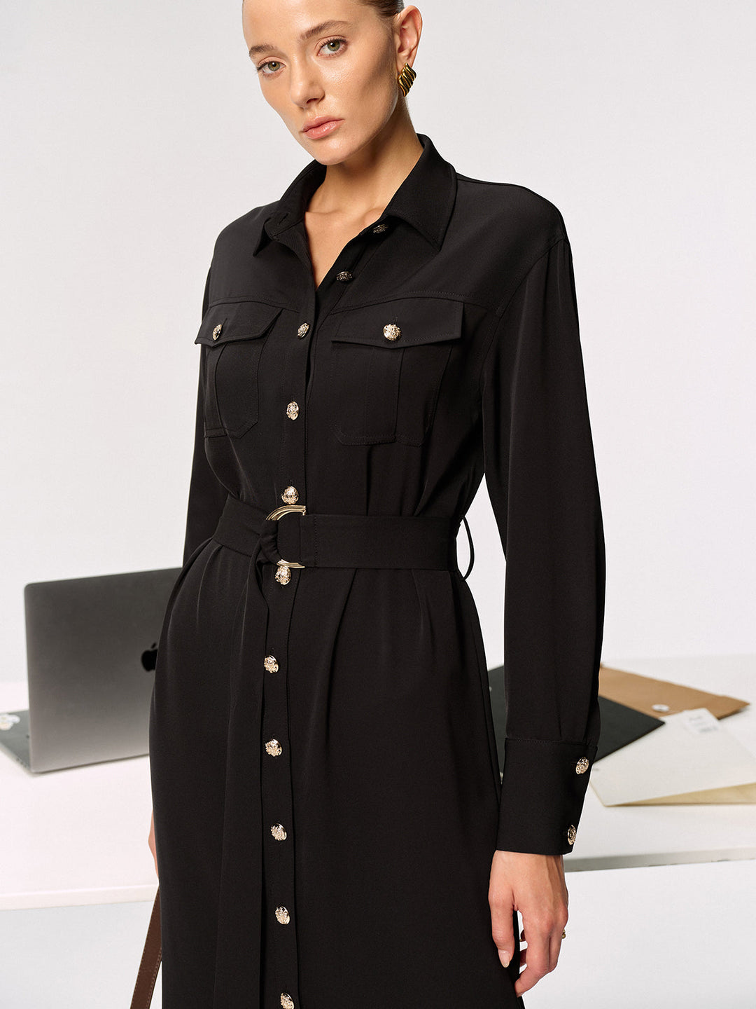 Women's Shirt Dress – Midi, Elegant with Belt & Collar, Long Sleeve