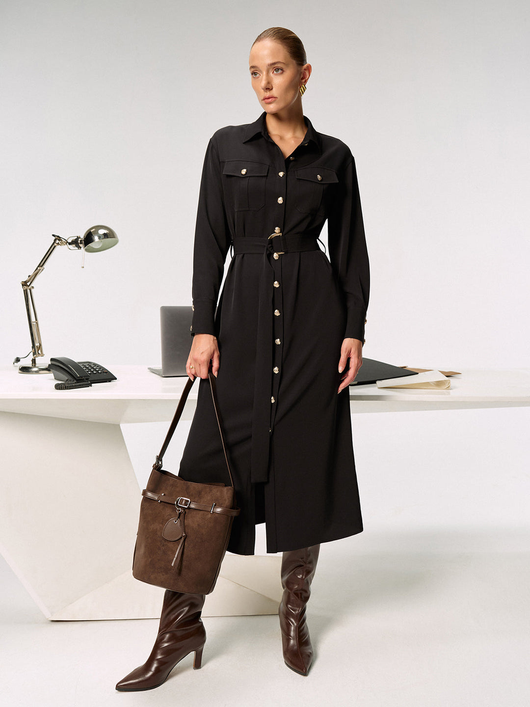 Women's Shirt Dress – Midi, Elegant with Belt & Collar, Long Sleeve