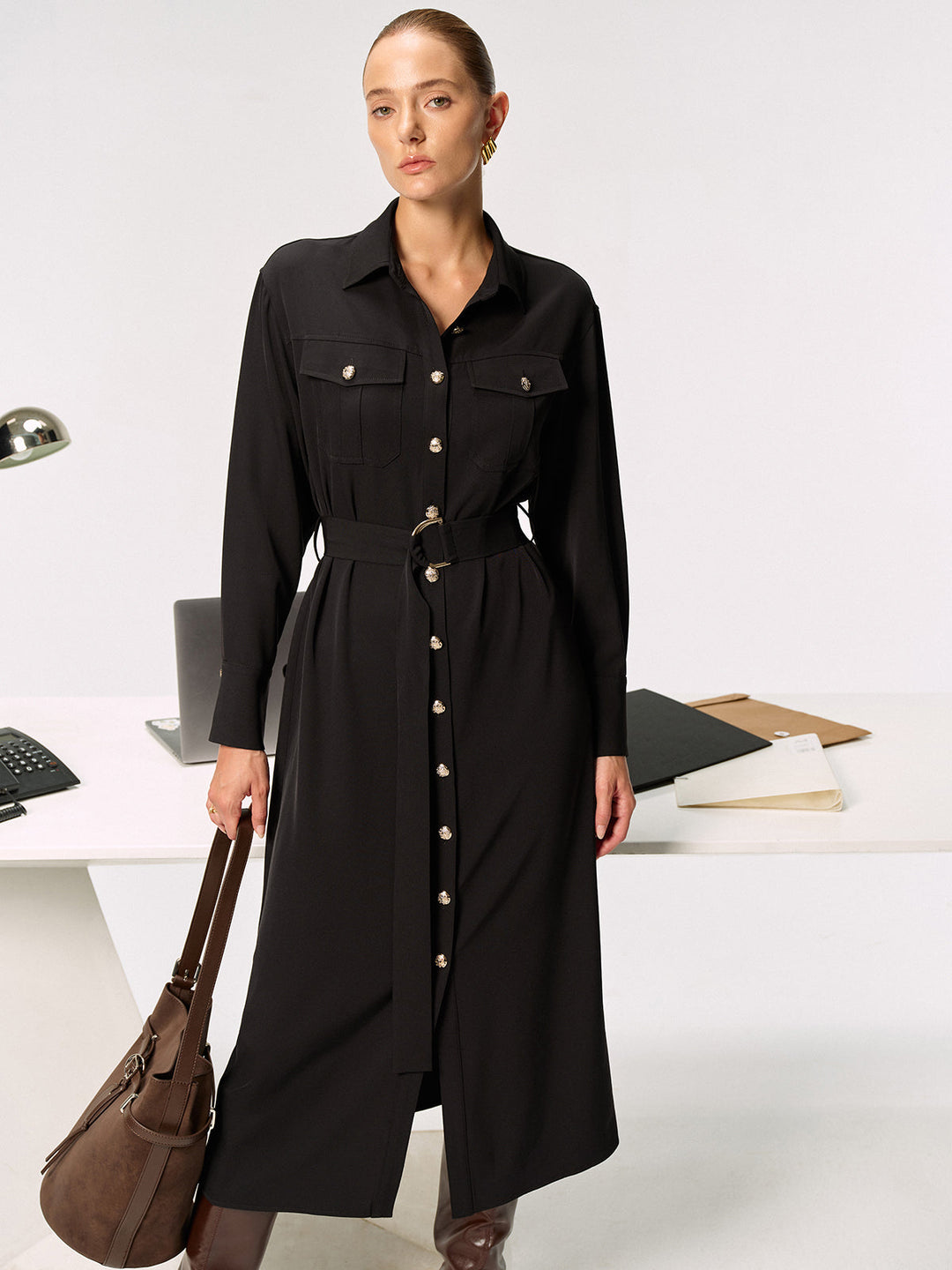 Women's Shirt Dress – Midi, Elegant with Belt & Collar, Long Sleeve