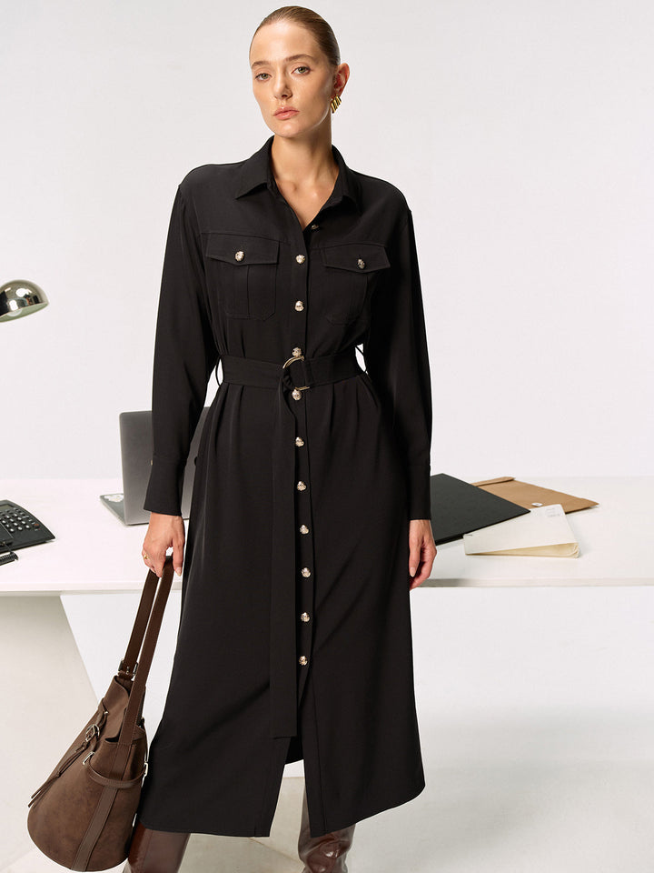 Women's Shirt Dress – Midi, Elegant with Belt & Collar, Long Sleeve