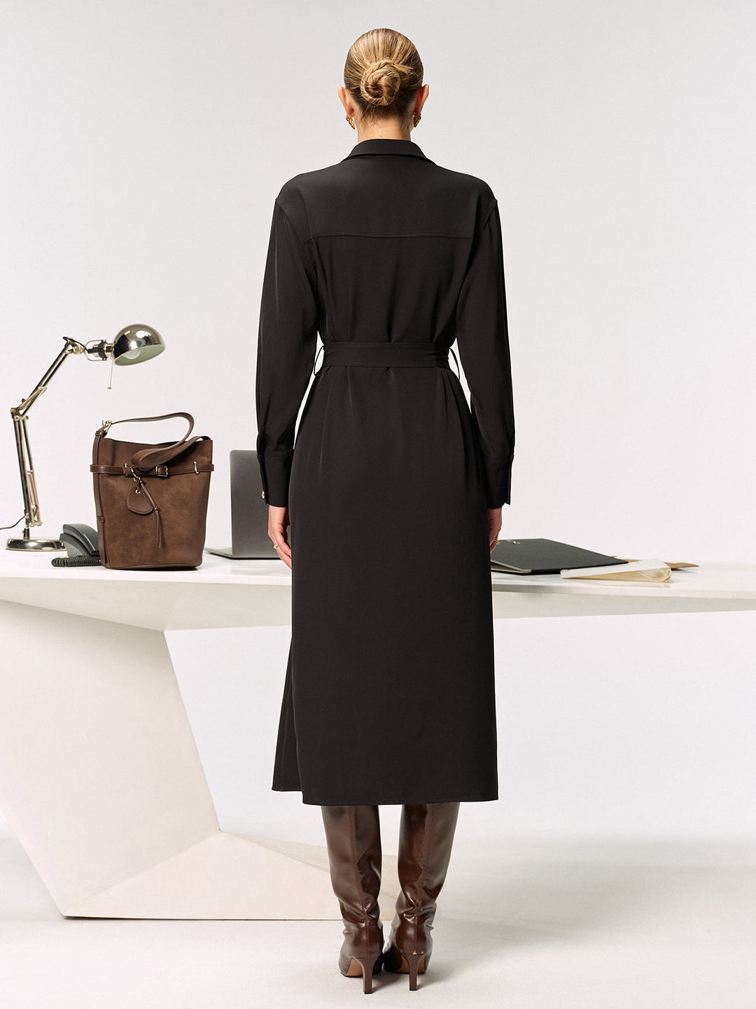 Women's Shirt Dress – Midi, Elegant with Belt & Collar, Long Sleeve