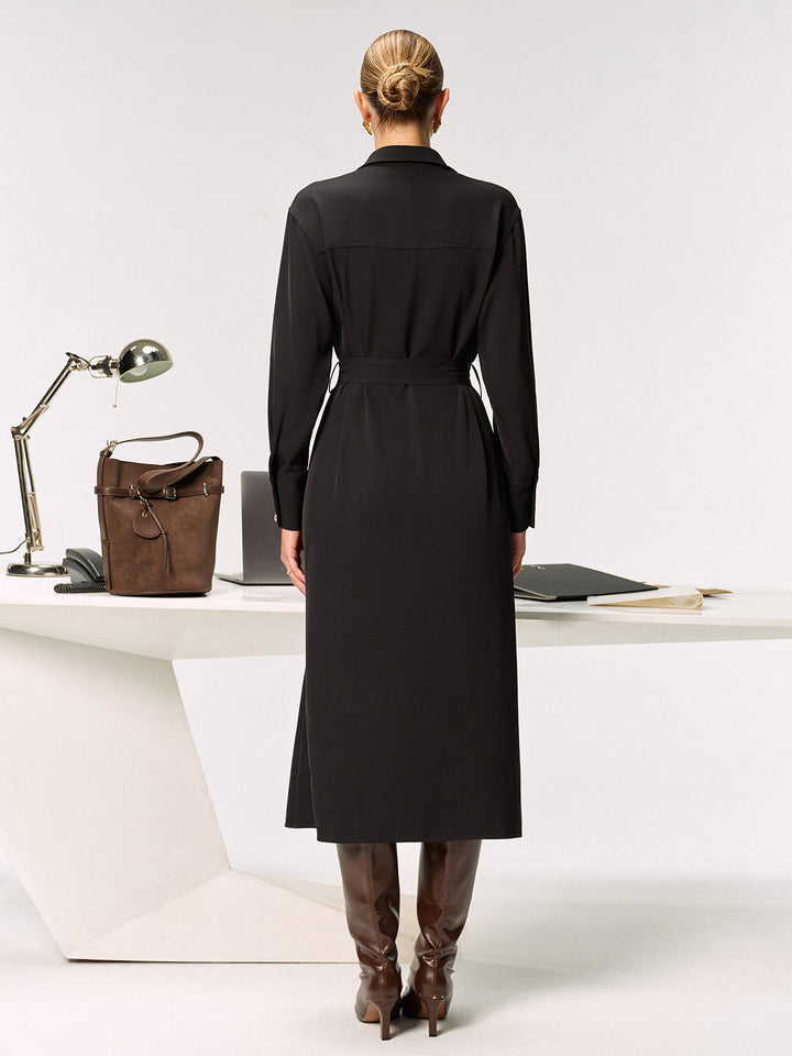 Women's Shirt Dress – Midi, Elegant with Belt & Collar, Long Sleeve