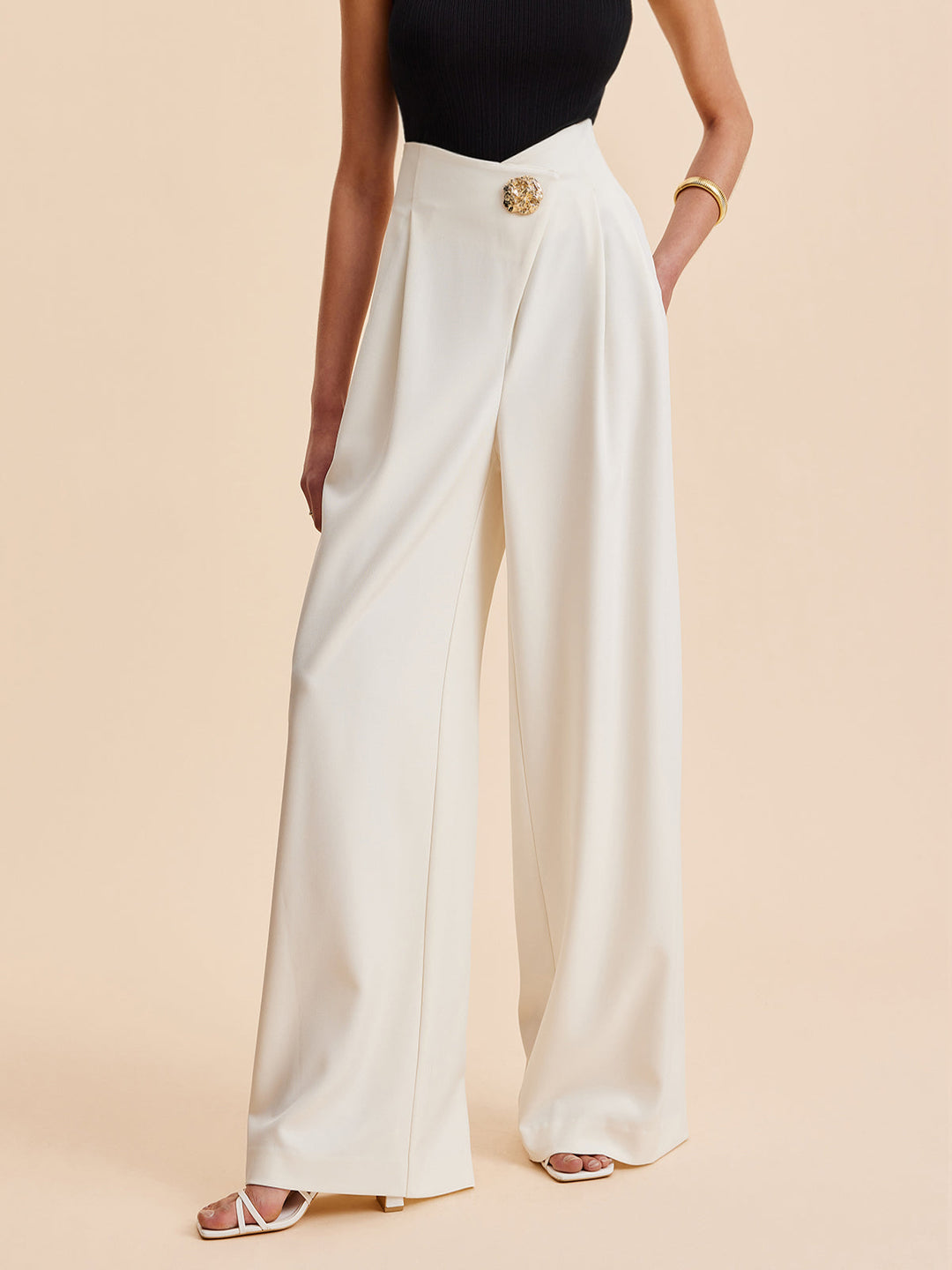 Women's High-Waisted Wide Pants with Embellishments