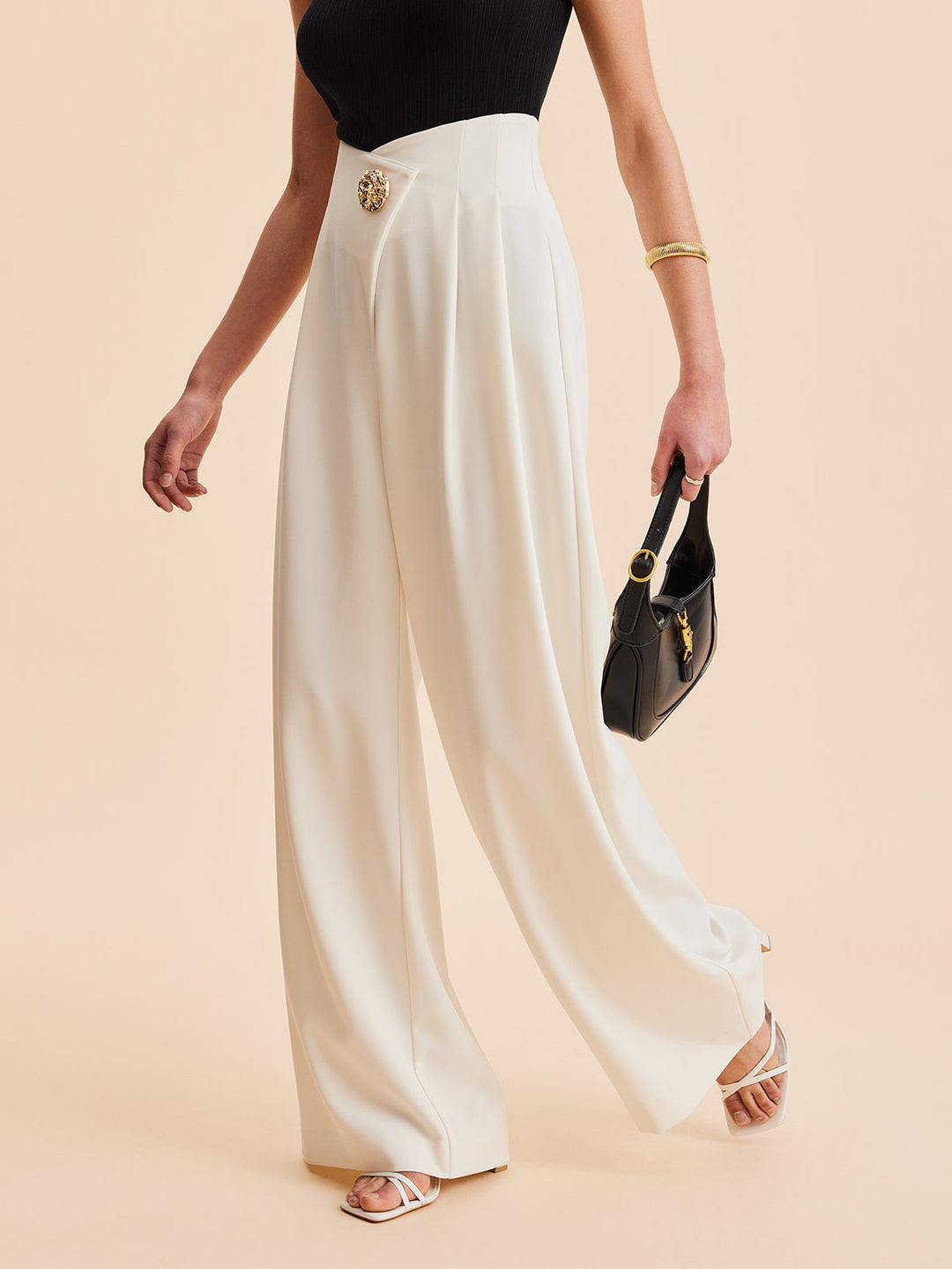 Women's High-Waisted Wide Pants with Embellishments