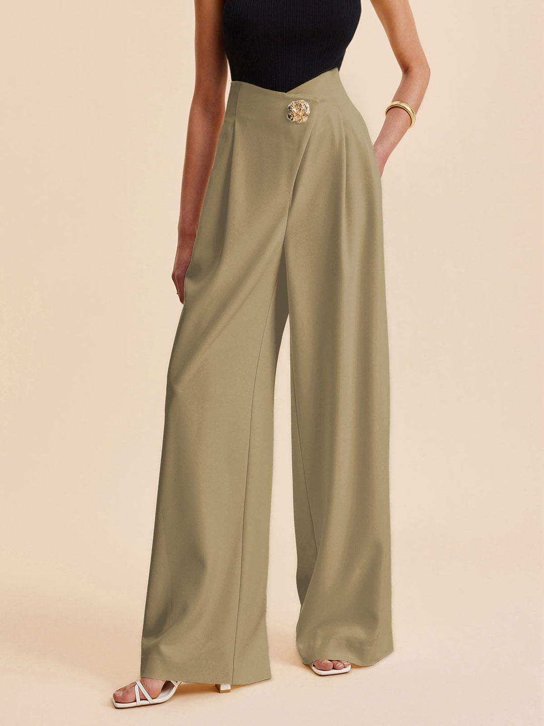 Women's High-Waisted Wide Pants with Embellishments
