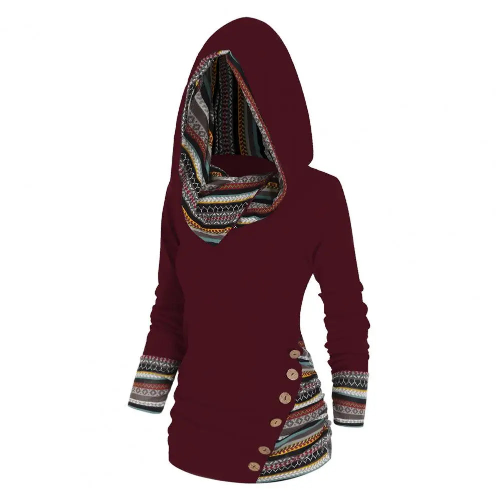 Women's Hoodie Cotton Ethno-Style with Hood and Geometric Patterns