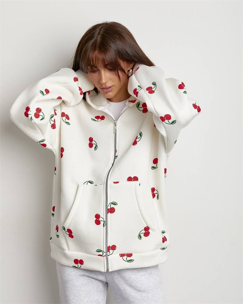Women's hooded sweatshirt hoodie with zipper and fruity print