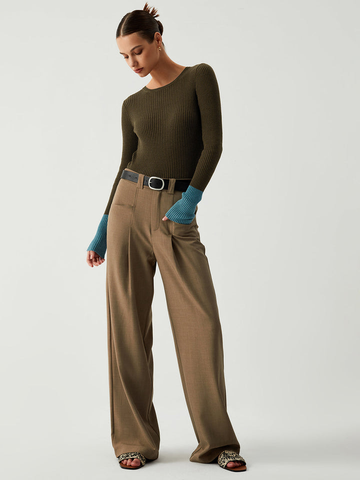 Women's long-sleeve knit top with contrast sleeves