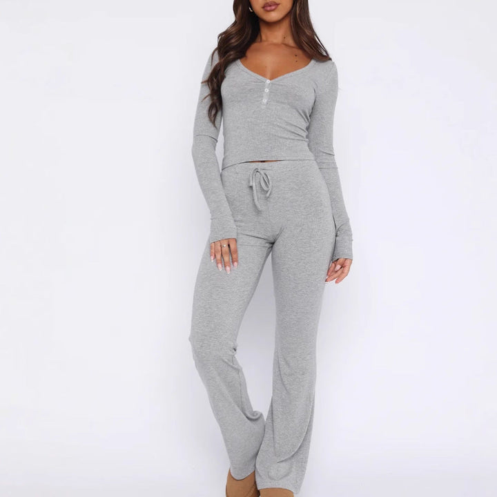 Women's loungewear set ribbed fabric comfortable fit V-neck