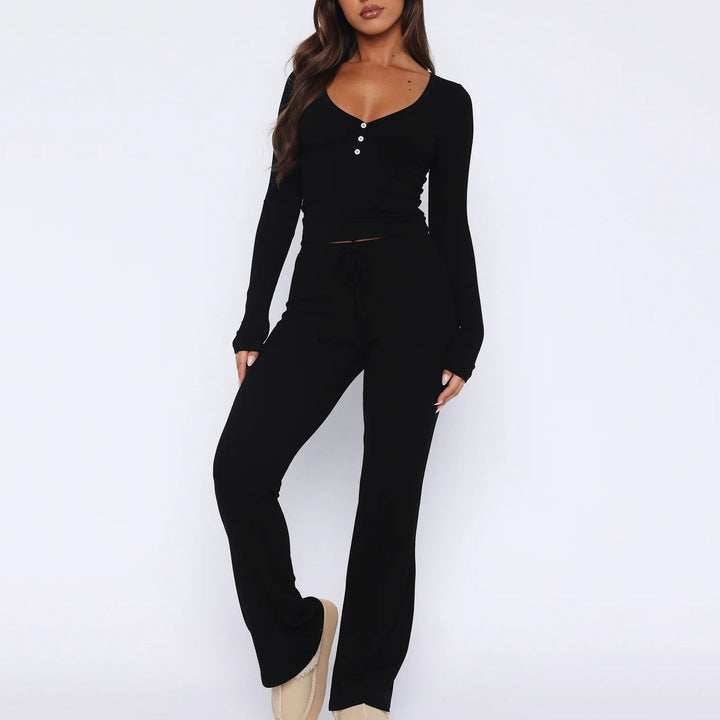 Women's loungewear set ribbed fabric comfortable fit V-neck
