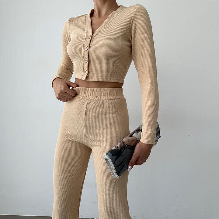 Women's loungewear set ribbed fabric long sleeve top wide pants