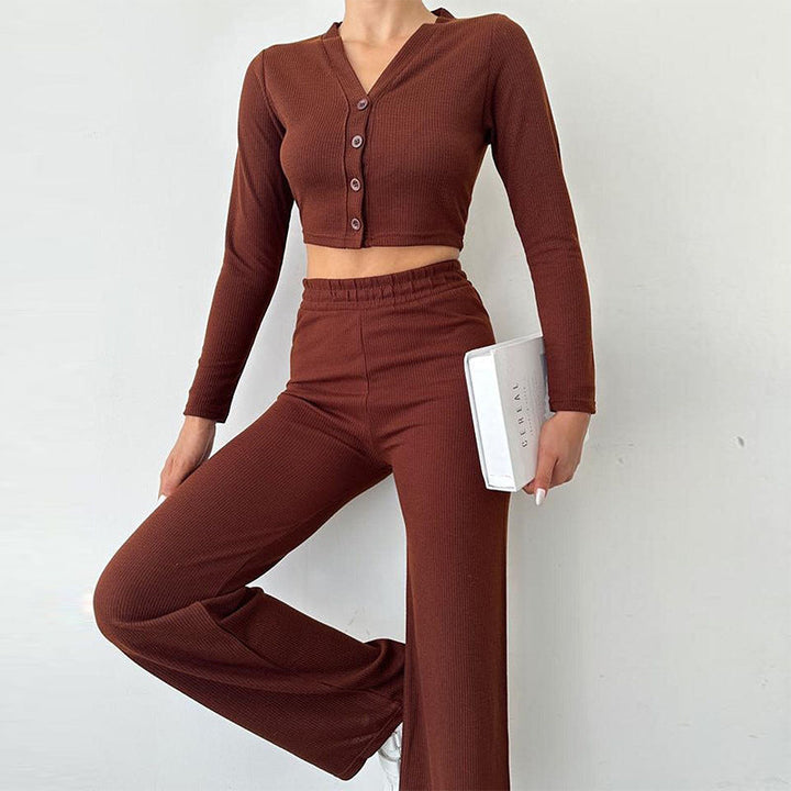 Women's loungewear set ribbed fabric long sleeve top wide pants