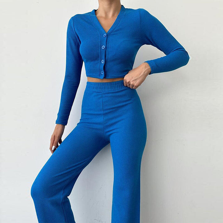 Women's loungewear set ribbed fabric long sleeve top wide pants