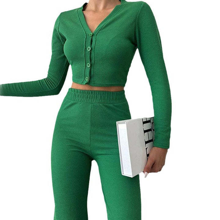 Women's loungewear set ribbed fabric long sleeve top wide pants