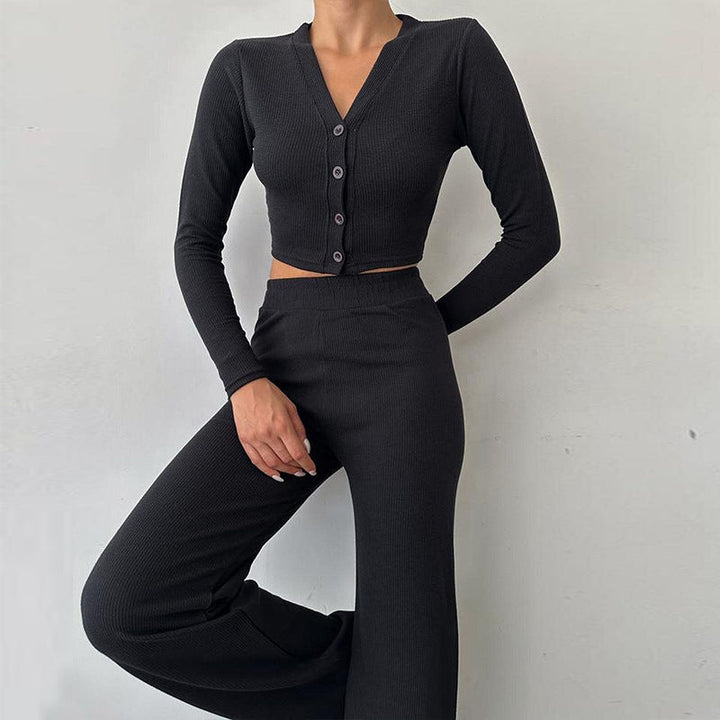 Women's loungewear set ribbed fabric long sleeve top wide pants