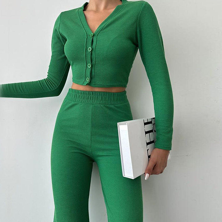 Women's loungewear set ribbed fabric long sleeve top wide pants