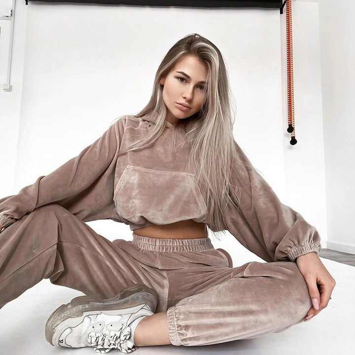 Women's loungewear set velour cropped hoodie wide pants