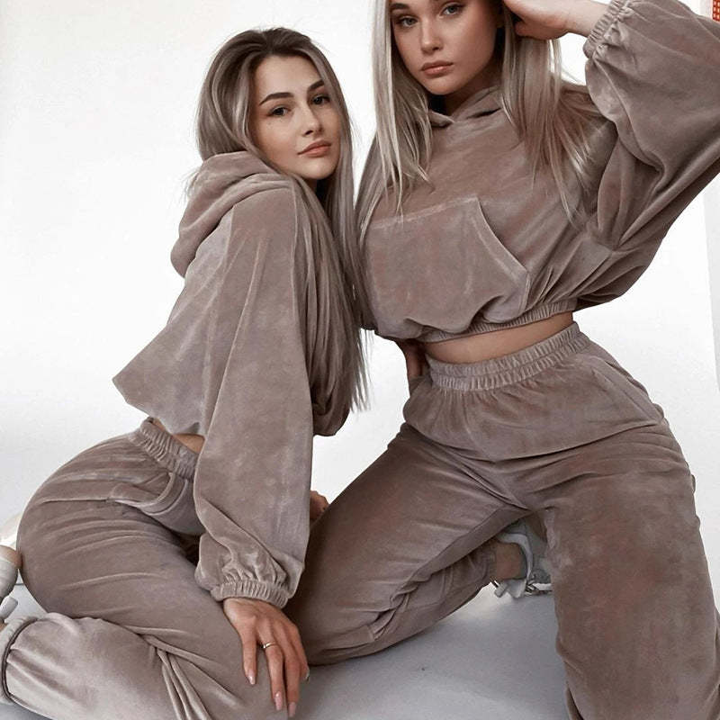 Women's loungewear set velour cropped hoodie wide pants