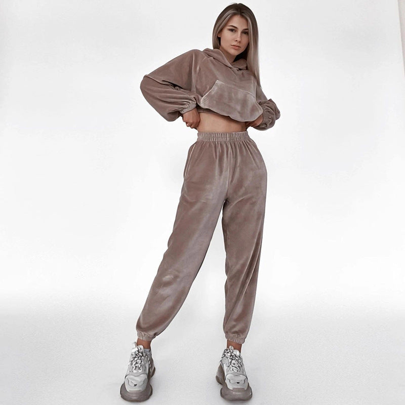 Women's loungewear set velour cropped hoodie wide pants