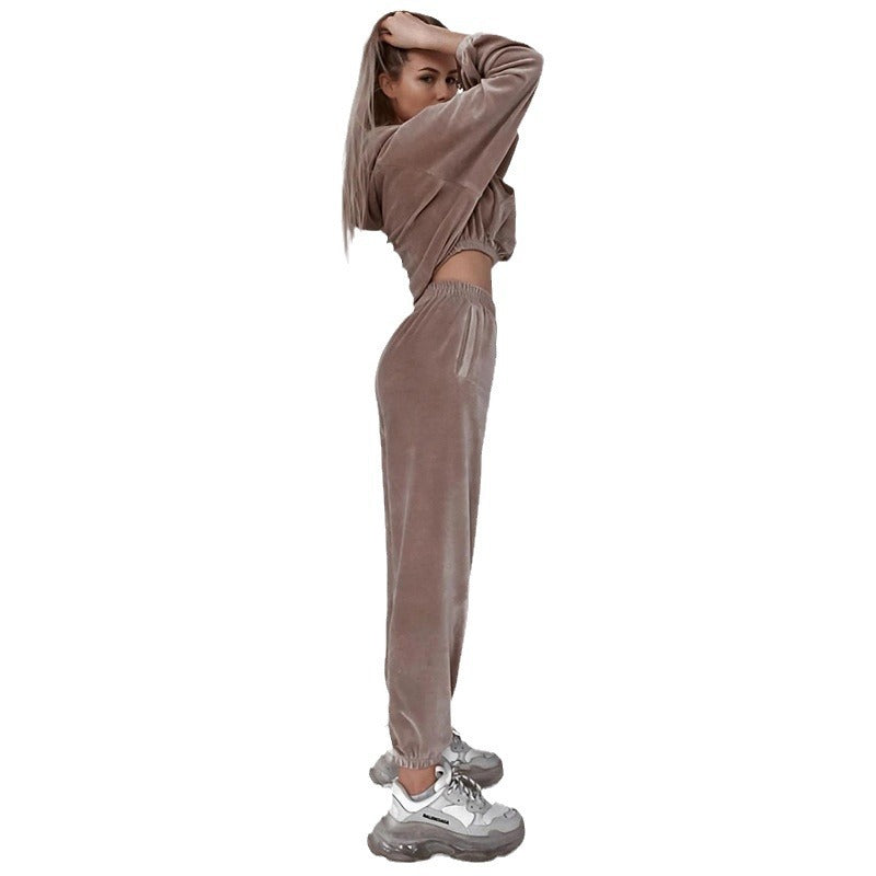 Women's loungewear set velour cropped hoodie wide pants