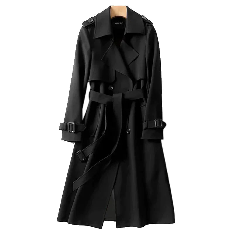 Long women's trench coat black – elegant coat with belt
