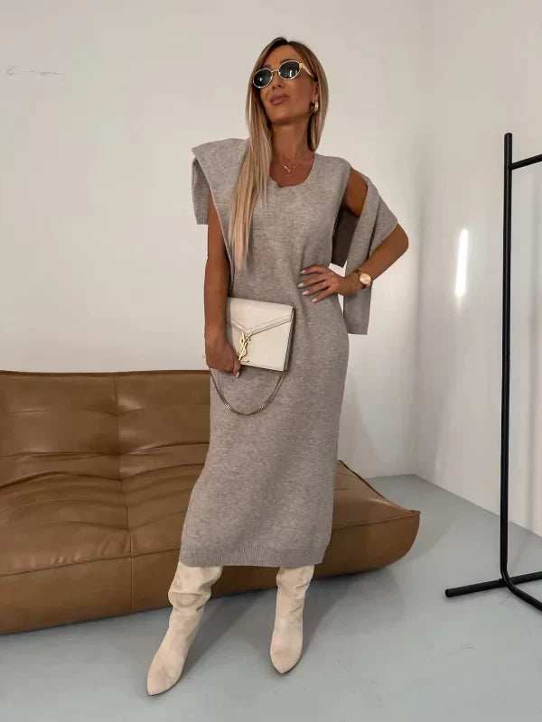 Women's midi dress with matching warm cardigan