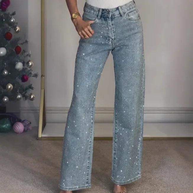 Jeans mom en denim pour femmes avec détails brillants décontractés