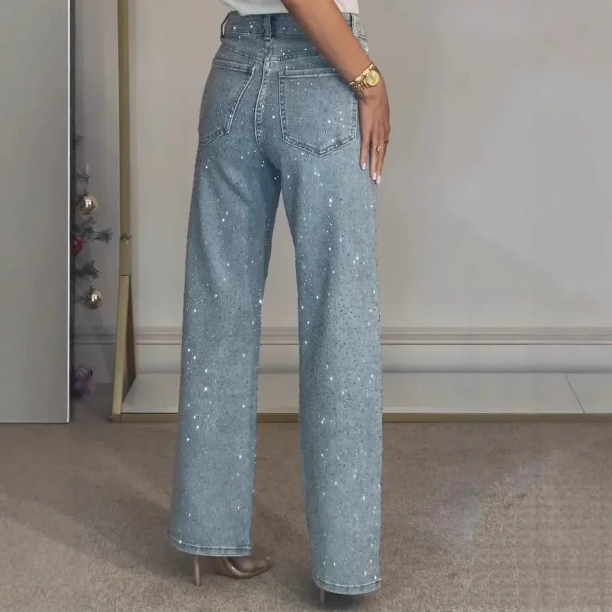 Jeans mom en denim pour femmes avec détails brillants décontractés