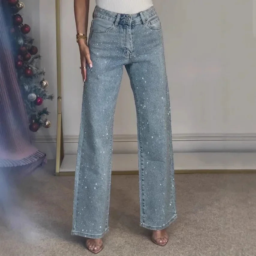 Jeans mom en denim pour femmes avec détails brillants décontractés