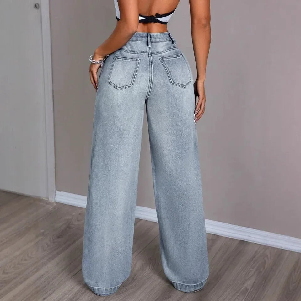 Damen Mom Jeans Denim Weites Bein Vintage Style
