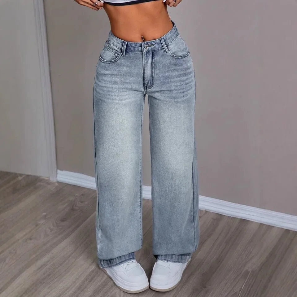 Damen Mom Jeans Denim Weites Bein Vintage Style