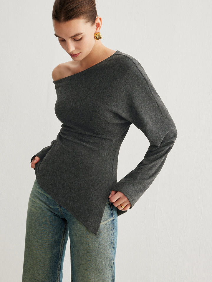 Women's top asymmetrical with slit and ruching