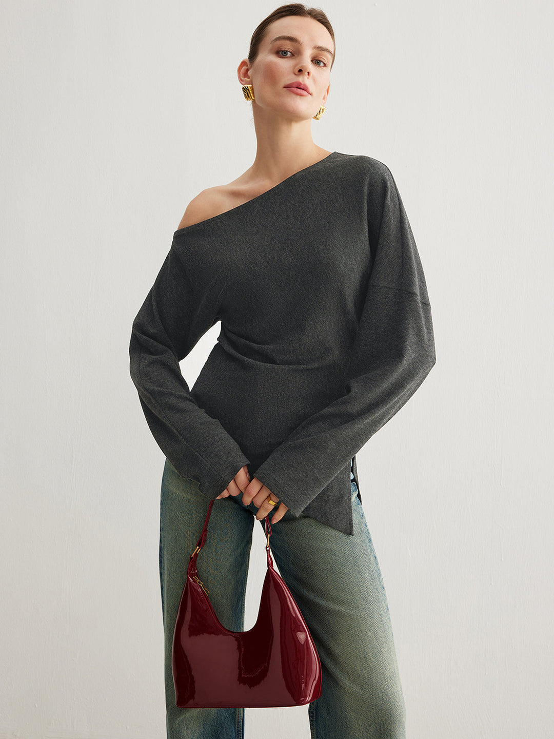 Women's top asymmetrical with slit and ruching