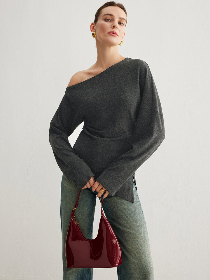 Women's top asymmetrical with slit and ruching