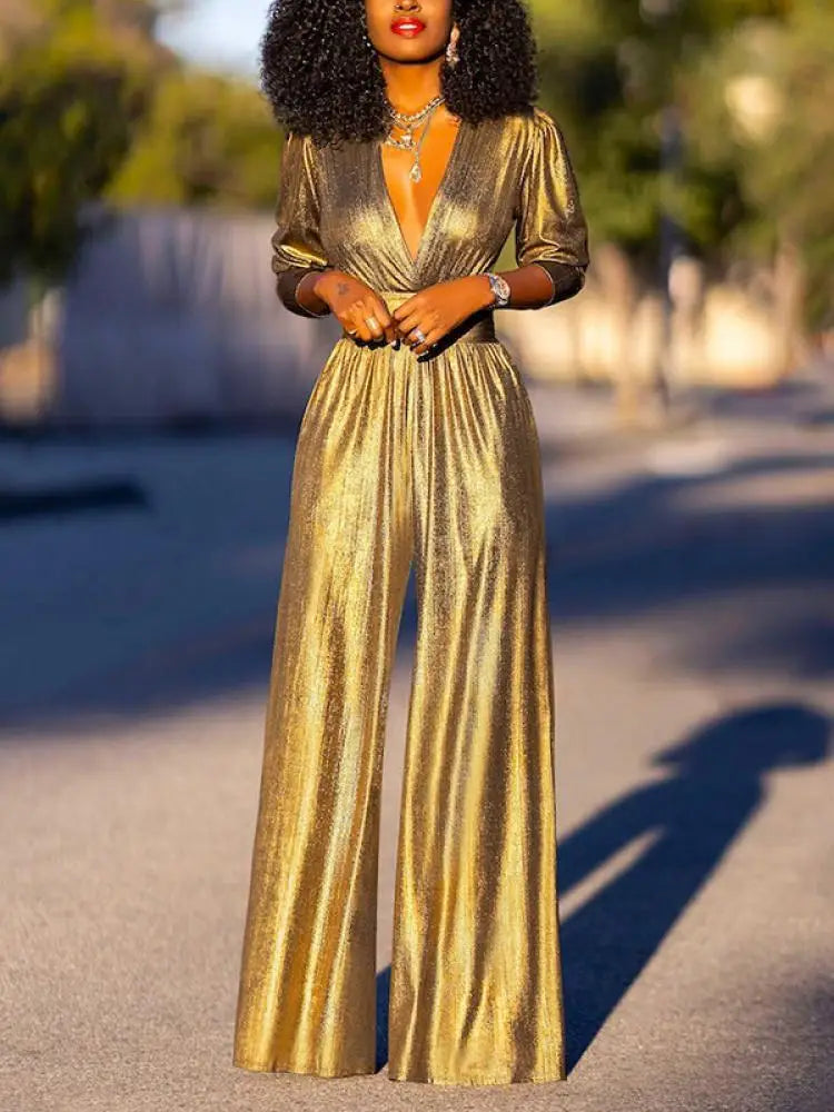 Women's Jumpsuit Shiny V-Neck Wide Legs