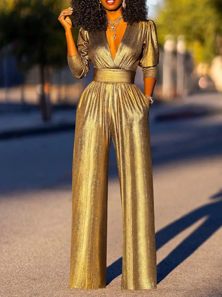 Women's Jumpsuit Shiny V-Neck Wide Legs