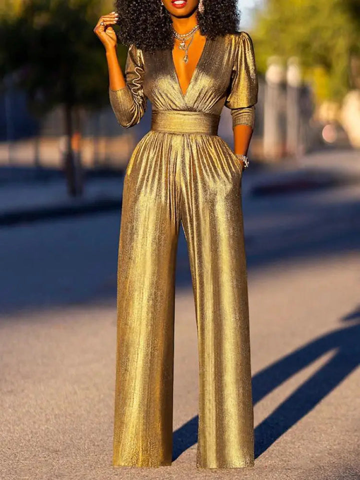 Women's Jumpsuit Shiny V-Neck Wide Legs
