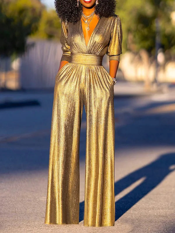 Women's Jumpsuit Shiny V-Neck Wide Legs
