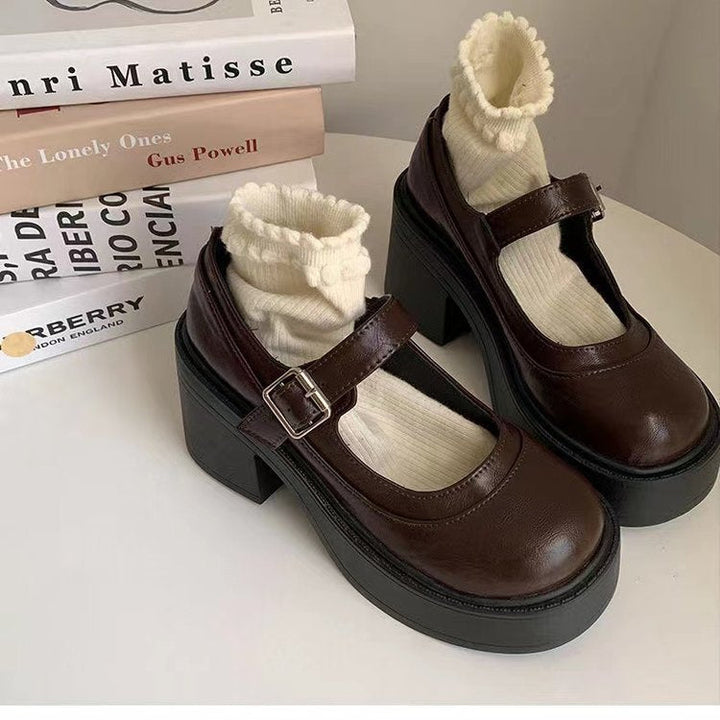 Women's Platform Shoes Retro Style High-Quality Upper Material Block Heel