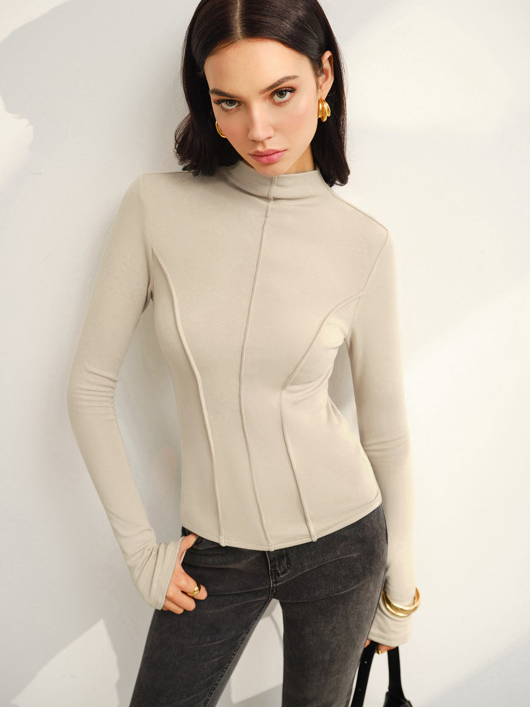 Women's Stand Collar Top Jersey Elegant Regular Fit