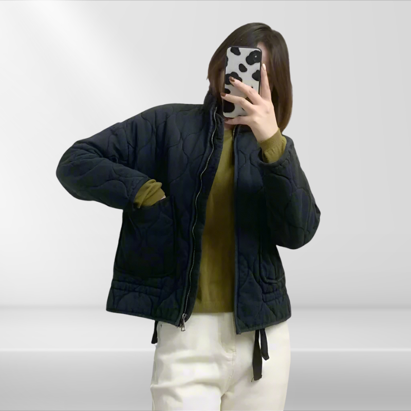 Women's quilted jacket blended fabric with drawstring and zipper