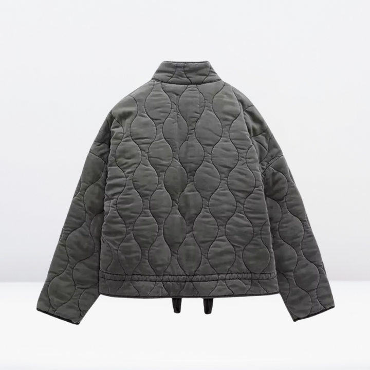 Women's quilted jacket blended fabric with drawstring and zipper