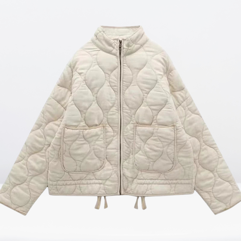 Women's quilted jacket blended fabric with drawstring and zipper