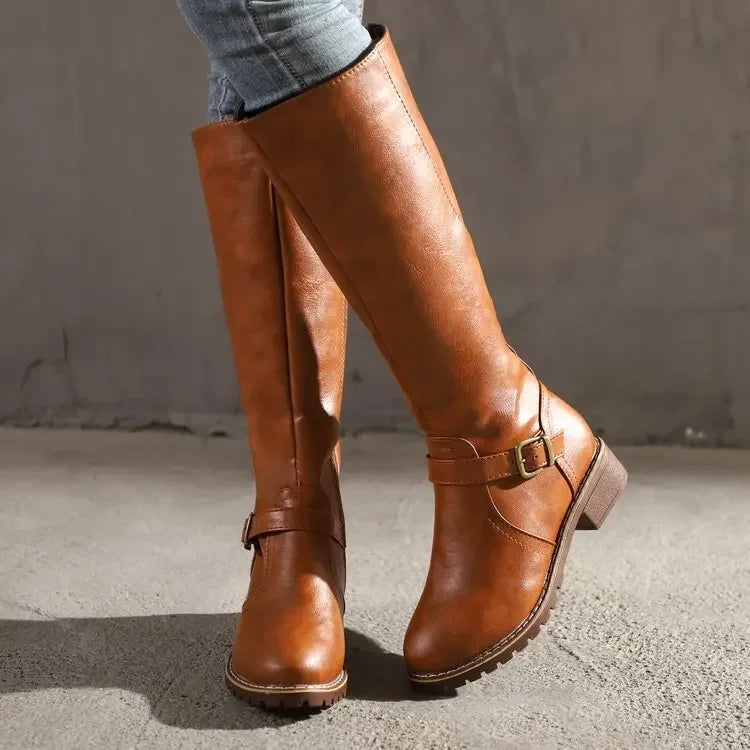 Women's Boots High-Quality Leather Knee-High with Buckle Details