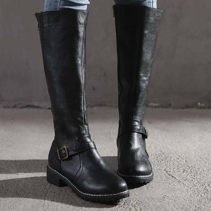 Women's Boots High-Quality Leather Knee-High with Buckle Details