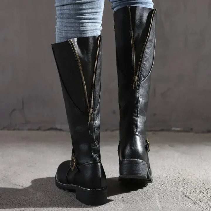 Women's Boots High-Quality Leather Knee-High with Buckle Details