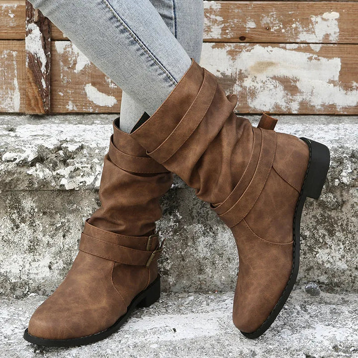 Women's boots mid-calf height with buckle details and low heel