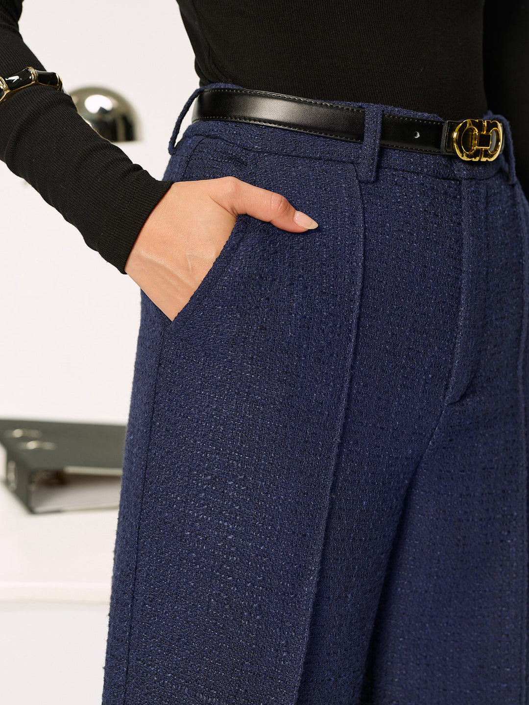 Women's Tweed Pants – Fabric Pants Elegant, Straight Legs, Mid Waist