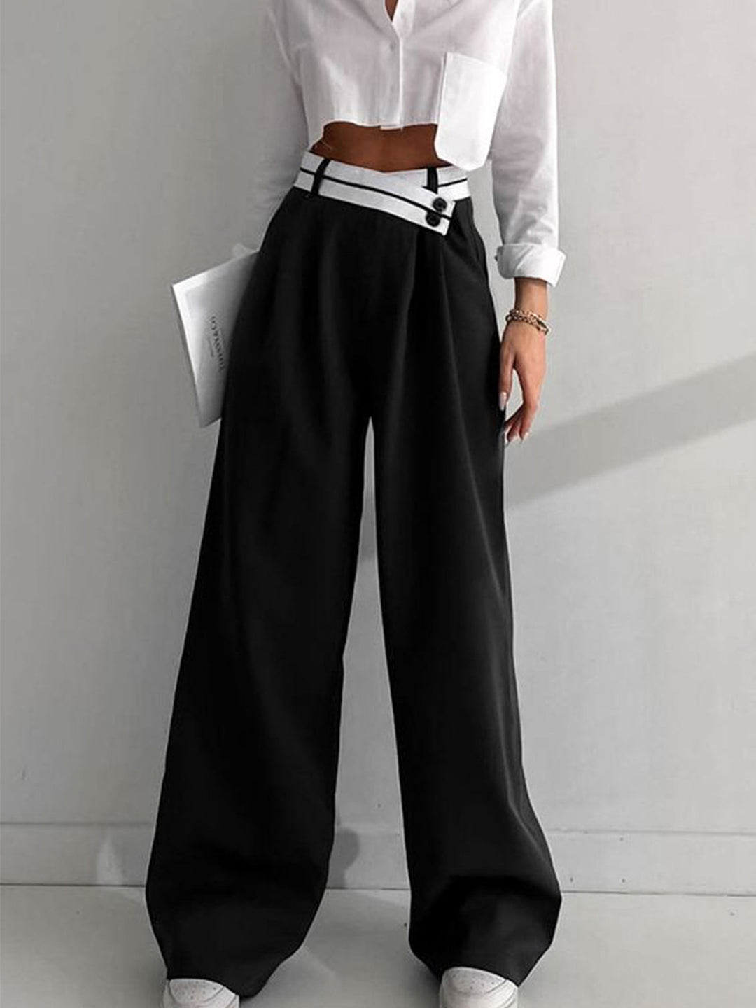 Pantalon en tissu pour femmes, coupe large avec taille asymétrique