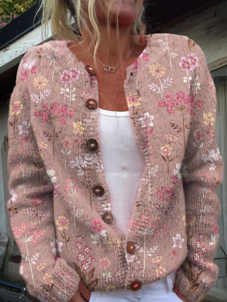 Women's knitted cardigan cotton floral pattern long sleeve elegant